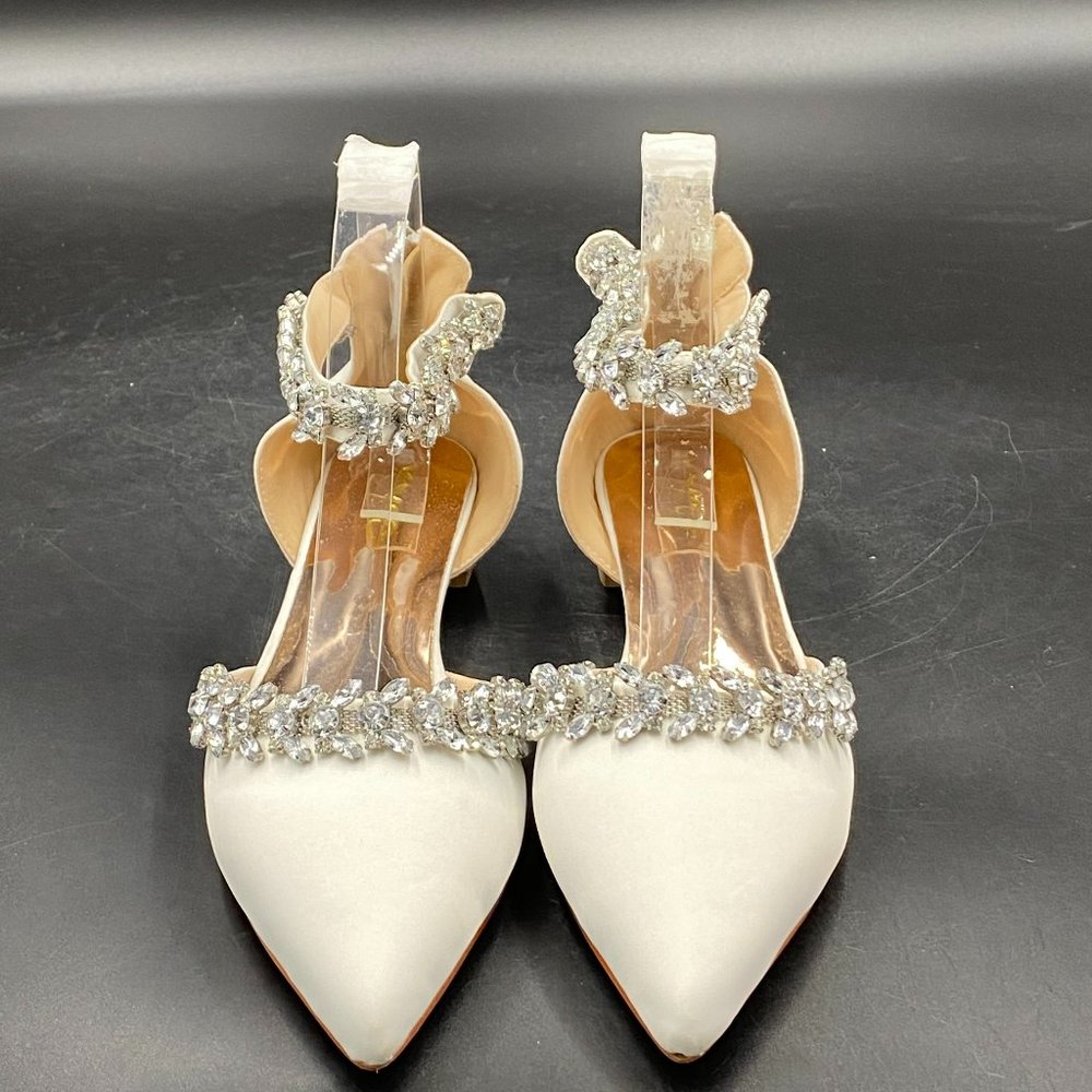 XYD white pointy toe rhinestone low heels flats loafers ankle strap shoes